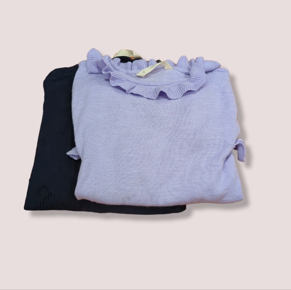 Girls Lot - Navy Pointelle Open-weave cotton jumper/Lavender frill neck jumper